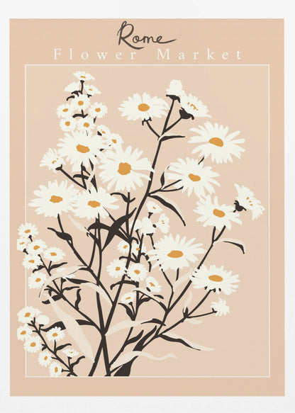 A vintage-style art print titled 'Rome Flower Market' featuring a minimalist illustration of white daisies with yellow centers and black stems against a muted pink background. The artwork is enclosed in a thin white border and set within a black frame. Wall Art