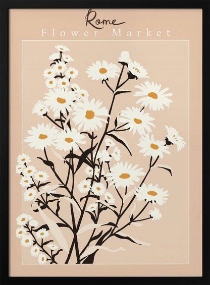 A vintage-style art print titled 'Rome Flower Market' featuring a minimalist illustration of white daisies with yellow centers and black stems against a muted pink background. The artwork is enclosed in a thin white border and set within a black frame. Wall Art