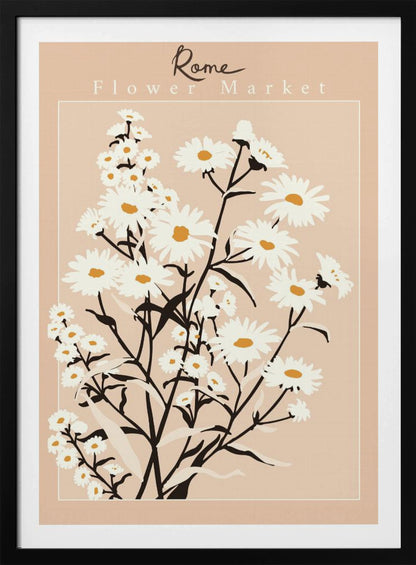 A vintage-style art print titled 'Rome Flower Market' featuring a minimalist illustration of white daisies with yellow centers and black stems against a muted pink background. The artwork is enclosed in a thin white border and set within a black frame. Wall Art
