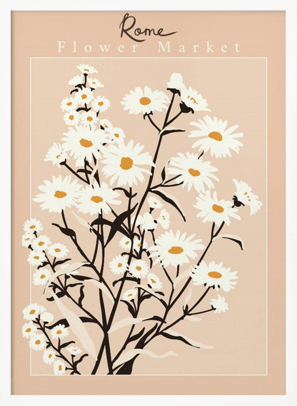 A vintage-style art print titled 'Rome Flower Market' featuring a minimalist illustration of white daisies with yellow centers and black stems against a muted pink background. The artwork is enclosed in a thin white border and set within a black frame. Wall Art
