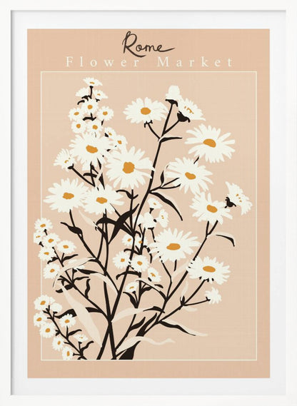 A vintage-style art print titled 'Rome Flower Market' featuring a minimalist illustration of white daisies with yellow centers and black stems against a muted pink background. The artwork is enclosed in a thin white border and set within a black frame. Wall Art