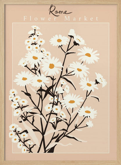 A vintage-style art print titled 'Rome Flower Market' featuring a minimalist illustration of white daisies with yellow centers and black stems against a muted pink background. The artwork is enclosed in a thin white border and set within a black frame. Wall Art