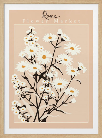 A vintage-style art print titled 'Rome Flower Market' featuring a minimalist illustration of white daisies with yellow centers and black stems against a muted pink background. The artwork is enclosed in a thin white border and set within a black frame. Wall Art