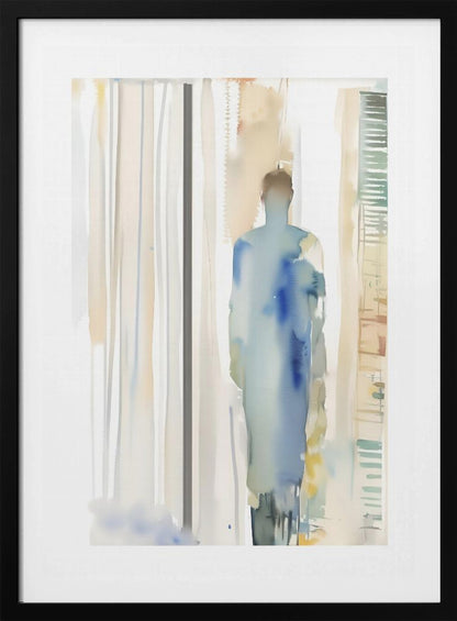 An abstract watercolor painting in a black frame, featuring a lone, blurred figure in shades of blue standing in a brightly lit room suggested by vertical strokes of beige, white, and grey. Poster