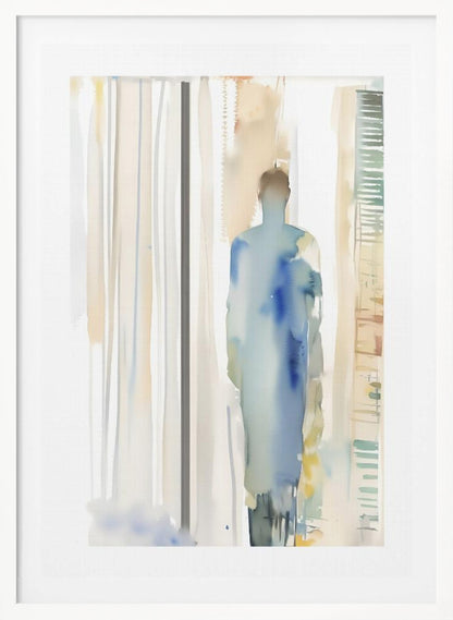An abstract watercolor painting in a black frame, featuring a lone, blurred figure in shades of blue standing in a brightly lit room suggested by vertical strokes of beige, white, and grey. Poster