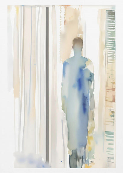 An abstract watercolor painting in a black frame, featuring a lone, blurred figure in shades of blue standing in a brightly lit room suggested by vertical strokes of beige, white, and grey. Poster