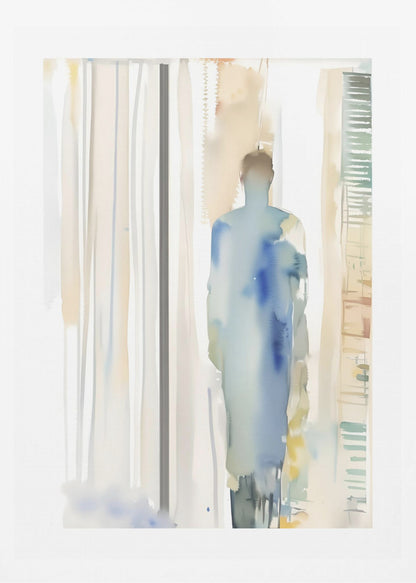 An abstract watercolor painting in a black frame, featuring a lone, blurred figure in shades of blue standing in a brightly lit room suggested by vertical strokes of beige, white, and grey. Poster