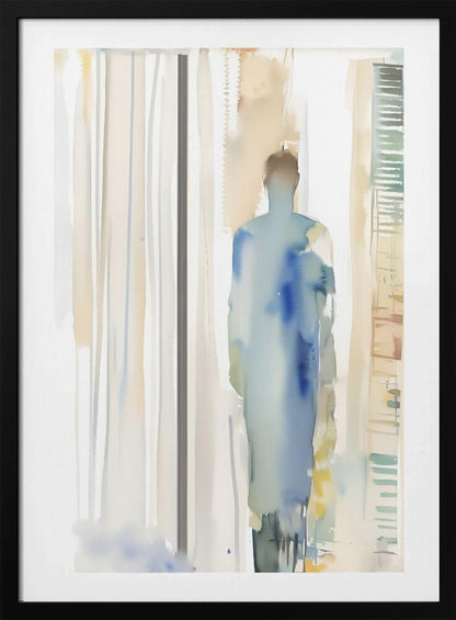 An abstract watercolor painting in a black frame, featuring a lone, blurred figure in shades of blue standing in a brightly lit room suggested by vertical strokes of beige, white, and grey. Poster