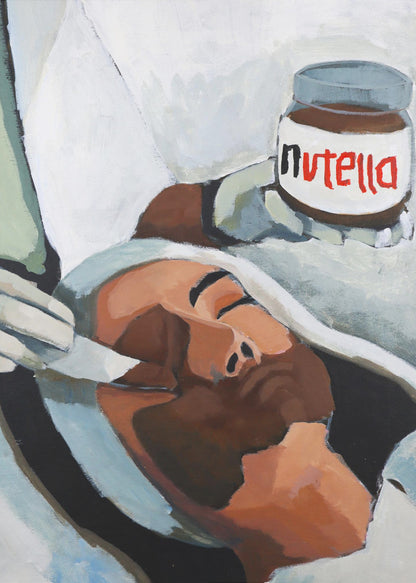 A modern pop art painting depicting a person with closed eyes lying down, wrapped in white and grey cloth. A hand holds a jar of Nutella above the person's head, in a style reminiscent of classical religious art. Wall Art