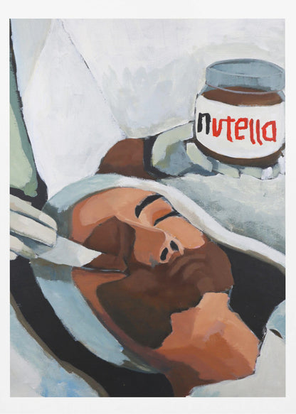 A modern pop art painting depicting a person with closed eyes lying down, wrapped in white and grey cloth. A hand holds a jar of Nutella above the person's head, in a style reminiscent of classical religious art. Wall Art