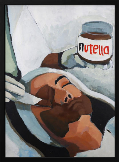 A modern pop art painting depicting a person with closed eyes lying down, wrapped in white and grey cloth. A hand holds a jar of Nutella above the person's head, in a style reminiscent of classical religious art. Wall Art