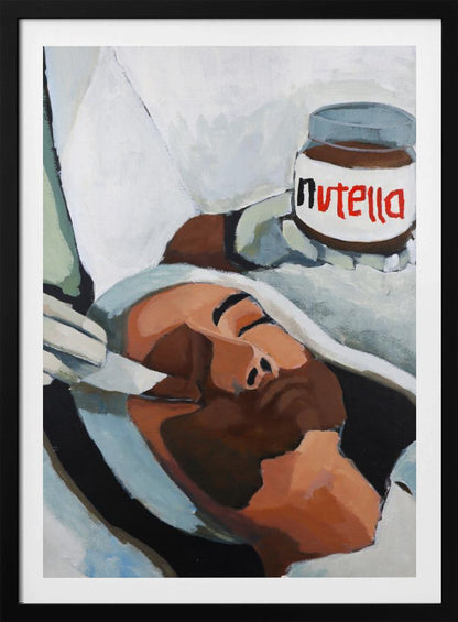 A modern pop art painting depicting a person with closed eyes lying down, wrapped in white and grey cloth. A hand holds a jar of Nutella above the person's head, in a style reminiscent of classical religious art. Wall Art