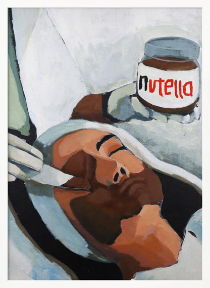 A modern pop art painting depicting a person with closed eyes lying down, wrapped in white and grey cloth. A hand holds a jar of Nutella above the person's head, in a style reminiscent of classical religious art. Wall Art