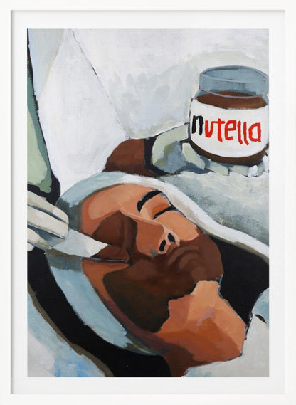 A modern pop art painting depicting a person with closed eyes lying down, wrapped in white and grey cloth. A hand holds a jar of Nutella above the person's head, in a style reminiscent of classical religious art. Wall Art