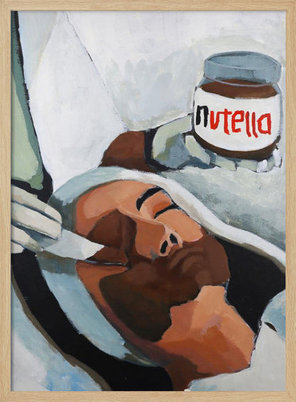 A modern pop art painting depicting a person with closed eyes lying down, wrapped in white and grey cloth. A hand holds a jar of Nutella above the person's head, in a style reminiscent of classical religious art. Wall Art