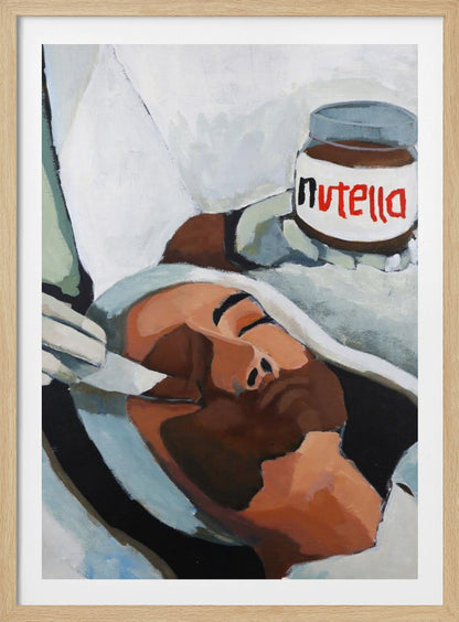 A modern pop art painting depicting a person with closed eyes lying down, wrapped in white and grey cloth. A hand holds a jar of Nutella above the person's head, in a style reminiscent of classical religious art. Wall Art