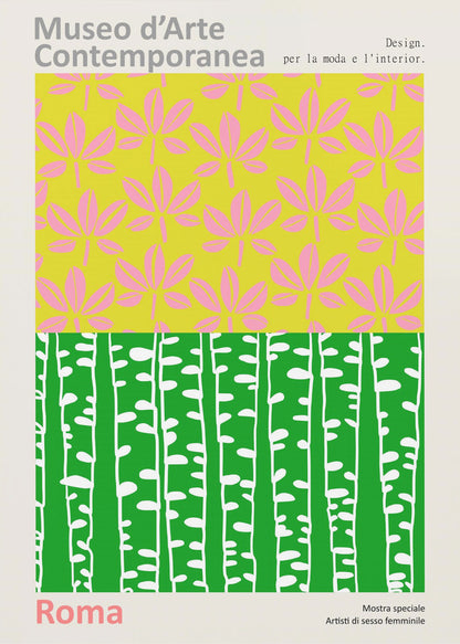 A vintage-style exhibition poster for the 'Museo d'Arte Contemporanea' in Rome. The design is split into two colorful graphic panels: the top features pink leaves on a lime green background, and the bottom shows stylized white birch trunks against a vibrant green background. The poster is set within a light border with Italian text. Artwork