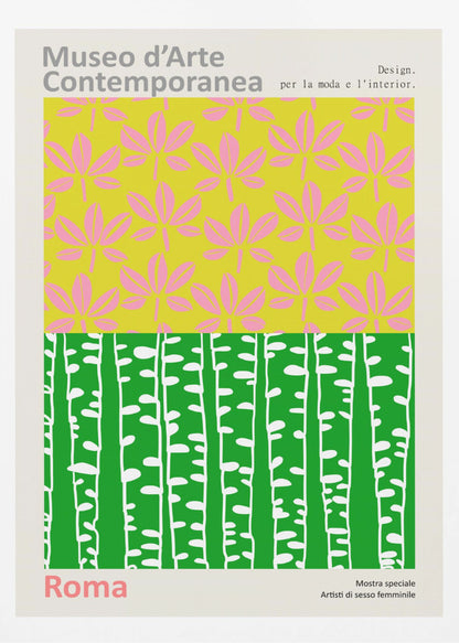 A vintage-style exhibition poster for the 'Museo d'Arte Contemporanea' in Rome. The design is split into two colorful graphic panels: the top features pink leaves on a lime green background, and the bottom shows stylized white birch trunks against a vibrant green background. The poster is set within a light border with Italian text. Artwork