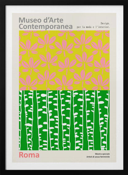 A vintage-style exhibition poster for the 'Museo d'Arte Contemporanea' in Rome. The design is split into two colorful graphic panels: the top features pink leaves on a lime green background, and the bottom shows stylized white birch trunks against a vibrant green background. The poster is set within a light border with Italian text. Artwork