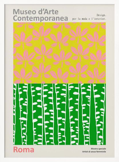 A vintage-style exhibition poster for the 'Museo d'Arte Contemporanea' in Rome. The design is split into two colorful graphic panels: the top features pink leaves on a lime green background, and the bottom shows stylized white birch trunks against a vibrant green background. The poster is set within a light border with Italian text. Artwork
