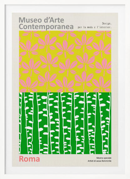 A vintage-style exhibition poster for the 'Museo d'Arte Contemporanea' in Rome. The design is split into two colorful graphic panels: the top features pink leaves on a lime green background, and the bottom shows stylized white birch trunks against a vibrant green background. The poster is set within a light border with Italian text. Artwork