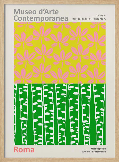 A vintage-style exhibition poster for the 'Museo d'Arte Contemporanea' in Rome. The design is split into two colorful graphic panels: the top features pink leaves on a lime green background, and the bottom shows stylized white birch trunks against a vibrant green background. The poster is set within a light border with Italian text. Artwork