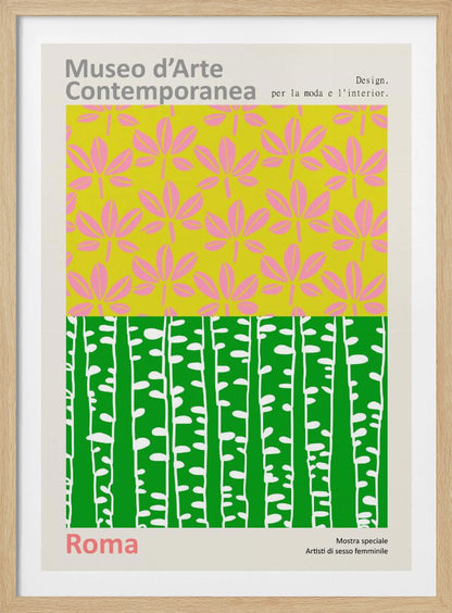 A vintage-style exhibition poster for the 'Museo d'Arte Contemporanea' in Rome. The design is split into two colorful graphic panels: the top features pink leaves on a lime green background, and the bottom shows stylized white birch trunks against a vibrant green background. The poster is set within a light border with Italian text. Artwork