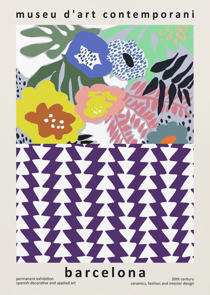 A contemporary art museum poster for Barcelona, featuring a split design. The top half shows a colorful abstract floral pattern with blue, yellow, pink, and green flowers. The bottom half displays a striking geometric pattern of purple and white interlocking triangles. The poster is framed in black. Print