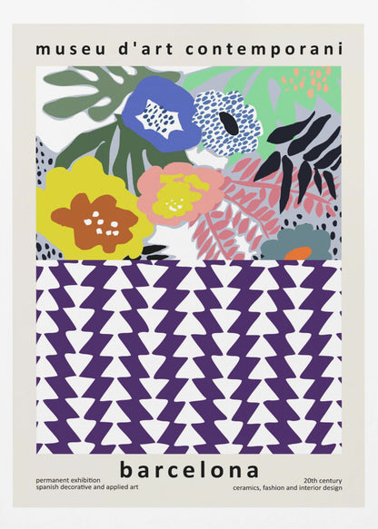 A contemporary art museum poster for Barcelona, featuring a split design. The top half shows a colorful abstract floral pattern with blue, yellow, pink, and green flowers. The bottom half displays a striking geometric pattern of purple and white interlocking triangles. The poster is framed in black. Print