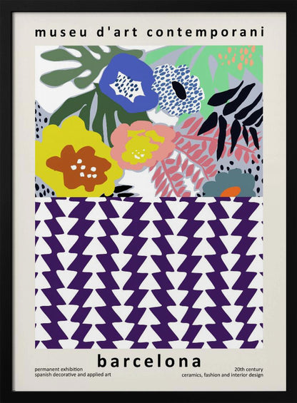 A contemporary art museum poster for Barcelona, featuring a split design. The top half shows a colorful abstract floral pattern with blue, yellow, pink, and green flowers. The bottom half displays a striking geometric pattern of purple and white interlocking triangles. The poster is framed in black. Print