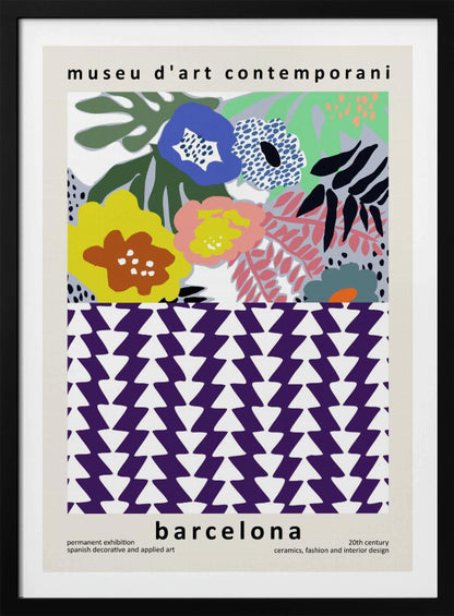 A contemporary art museum poster for Barcelona, featuring a split design. The top half shows a colorful abstract floral pattern with blue, yellow, pink, and green flowers. The bottom half displays a striking geometric pattern of purple and white interlocking triangles. The poster is framed in black. Print