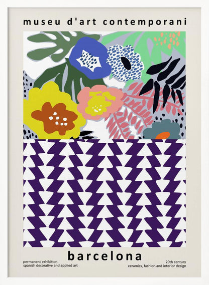 A contemporary art museum poster for Barcelona, featuring a split design. The top half shows a colorful abstract floral pattern with blue, yellow, pink, and green flowers. The bottom half displays a striking geometric pattern of purple and white interlocking triangles. The poster is framed in black. Print