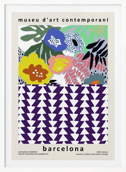 A contemporary art museum poster for Barcelona, featuring a split design. The top half shows a colorful abstract floral pattern with blue, yellow, pink, and green flowers. The bottom half displays a striking geometric pattern of purple and white interlocking triangles. The poster is framed in black. Print