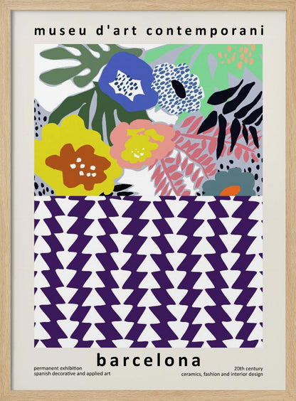A contemporary art museum poster for Barcelona, featuring a split design. The top half shows a colorful abstract floral pattern with blue, yellow, pink, and green flowers. The bottom half displays a striking geometric pattern of purple and white interlocking triangles. The poster is framed in black. Print