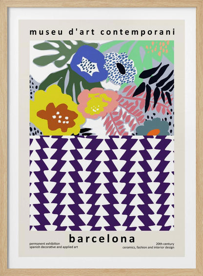 A contemporary art museum poster for Barcelona, featuring a split design. The top half shows a colorful abstract floral pattern with blue, yellow, pink, and green flowers. The bottom half displays a striking geometric pattern of purple and white interlocking triangles. The poster is framed in black. Print