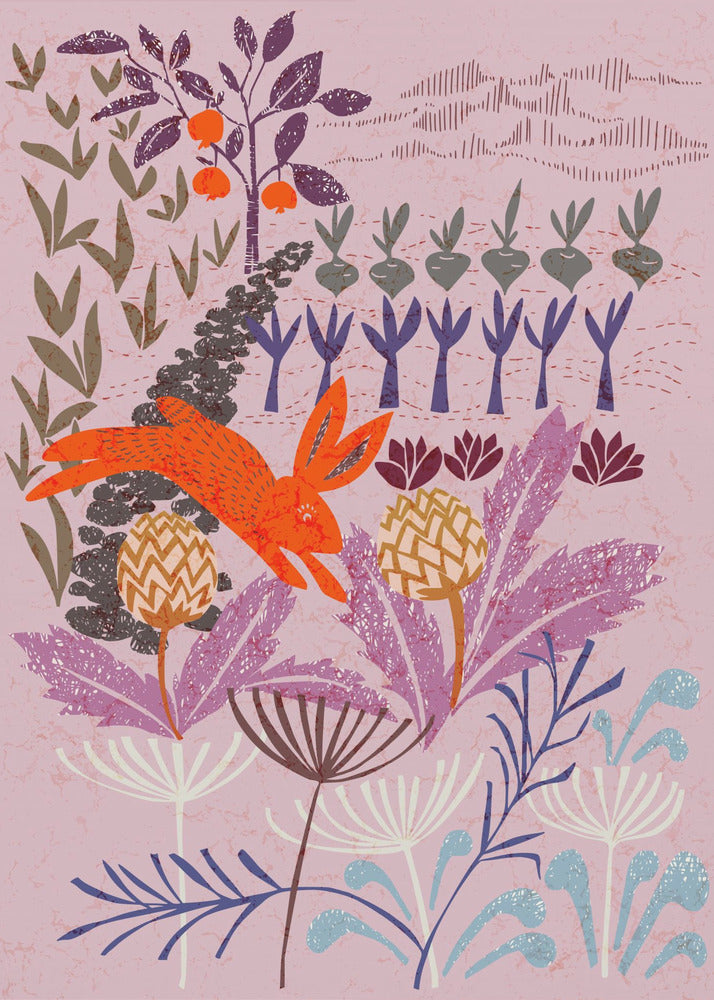 A stylized, folk-art illustration of a bright orange rabbit leaping through a whimsical garden. The scene features large purple and blue flowers in the foreground, with rows of root vegetables and a fruit tree in the background, all on a textured mauve canvas. Print