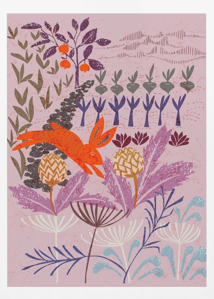 A stylized, folk-art illustration of a bright orange rabbit leaping through a whimsical garden. The scene features large purple and blue flowers in the foreground, with rows of root vegetables and a fruit tree in the background, all on a textured mauve canvas. Print