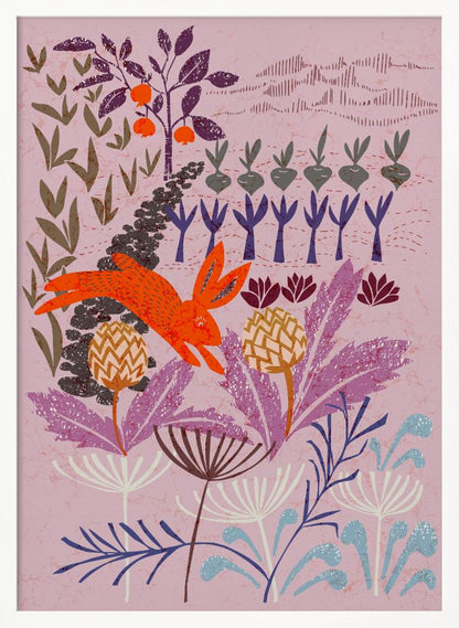 A stylized, folk-art illustration of a bright orange rabbit leaping through a whimsical garden. The scene features large purple and blue flowers in the foreground, with rows of root vegetables and a fruit tree in the background, all on a textured mauve canvas. Print