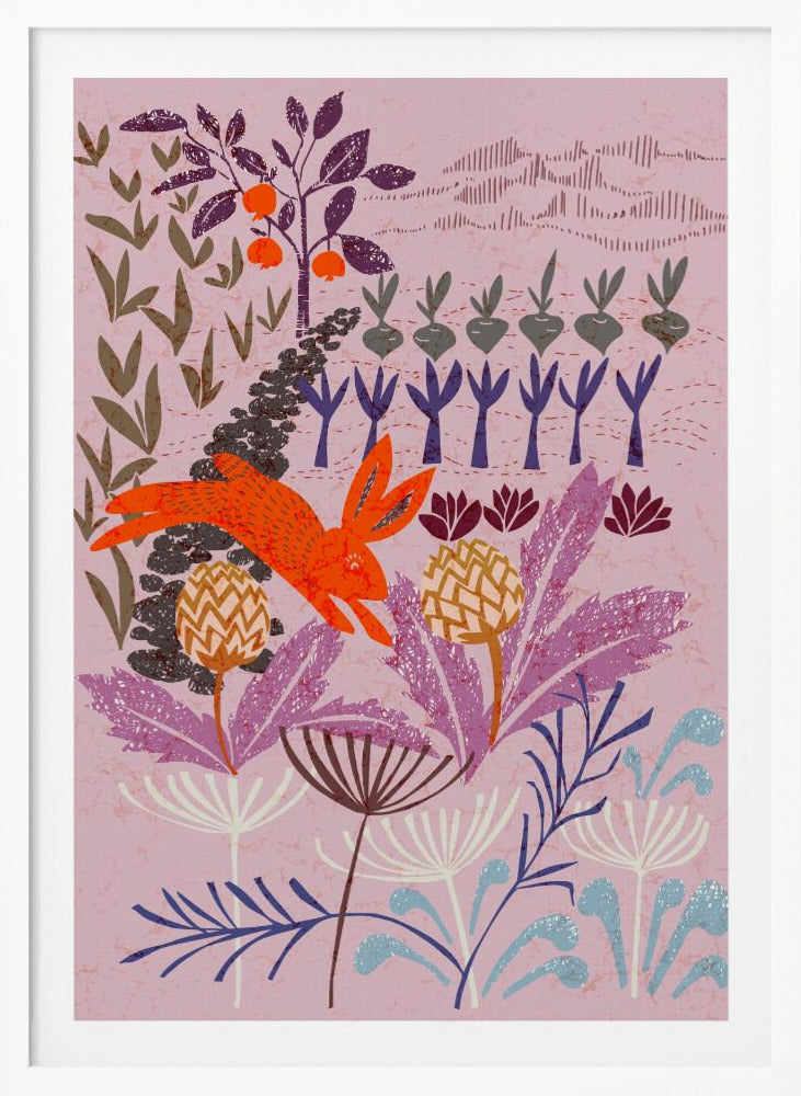 A stylized, folk-art illustration of a bright orange rabbit leaping through a whimsical garden. The scene features large purple and blue flowers in the foreground, with rows of root vegetables and a fruit tree in the background, all on a textured mauve canvas. Print