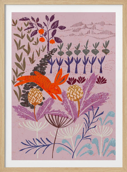 A stylized, folk-art illustration of a bright orange rabbit leaping through a whimsical garden. The scene features large purple and blue flowers in the foreground, with rows of root vegetables and a fruit tree in the background, all on a textured mauve canvas. Print
