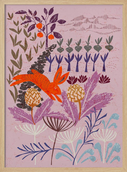 A stylized, folk-art illustration of a bright orange rabbit leaping through a whimsical garden. The scene features large purple and blue flowers in the foreground, with rows of root vegetables and a fruit tree in the background, all on a textured mauve canvas. Print