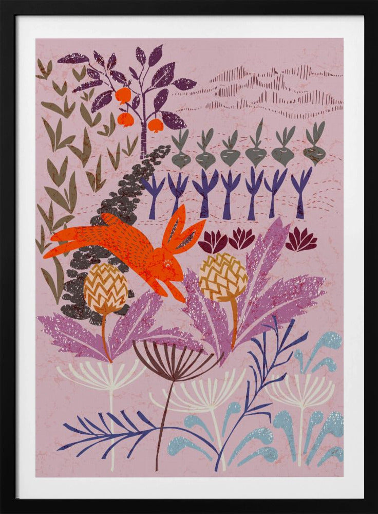 A stylized, folk-art illustration of a bright orange rabbit leaping through a whimsical garden. The scene features large purple and blue flowers in the foreground, with rows of root vegetables and a fruit tree in the background, all on a textured mauve canvas. Print
