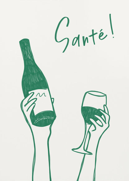 A minimalist green line drawing on a white background featuring two hands. One hand holds a bottle of wine, and the other holds a glass of wine, as if in a toast. The French word 'Santé!' is written in cursive above the hands. Decor
