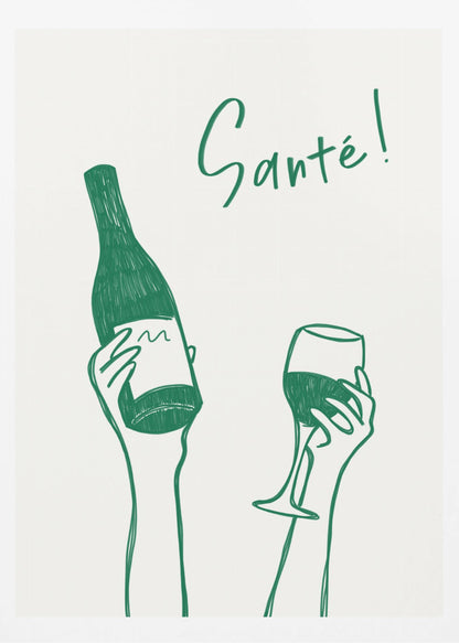 A minimalist green line drawing on a white background featuring two hands. One hand holds a bottle of wine, and the other holds a glass of wine, as if in a toast. The French word 'Santé!' is written in cursive above the hands. Decor