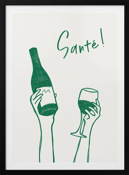 A minimalist green line drawing on a white background featuring two hands. One hand holds a bottle of wine, and the other holds a glass of wine, as if in a toast. The French word 'Santé!' is written in cursive above the hands. Decor