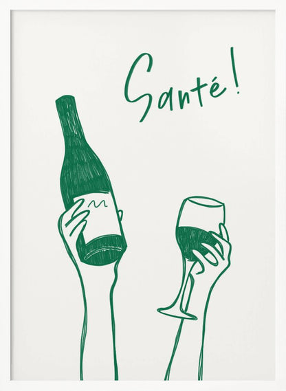 A minimalist green line drawing on a white background featuring two hands. One hand holds a bottle of wine, and the other holds a glass of wine, as if in a toast. The French word 'Santé!' is written in cursive above the hands. Decor