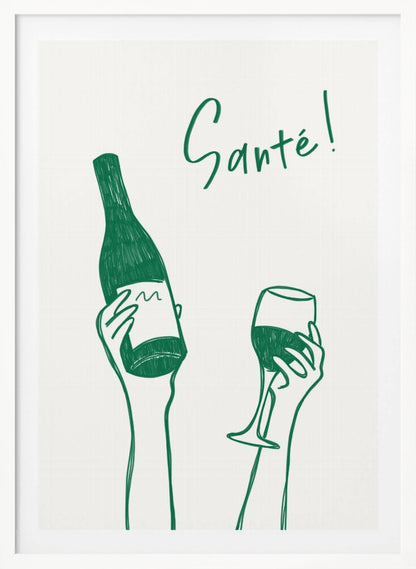 A minimalist green line drawing on a white background featuring two hands. One hand holds a bottle of wine, and the other holds a glass of wine, as if in a toast. The French word 'Santé!' is written in cursive above the hands. Decor