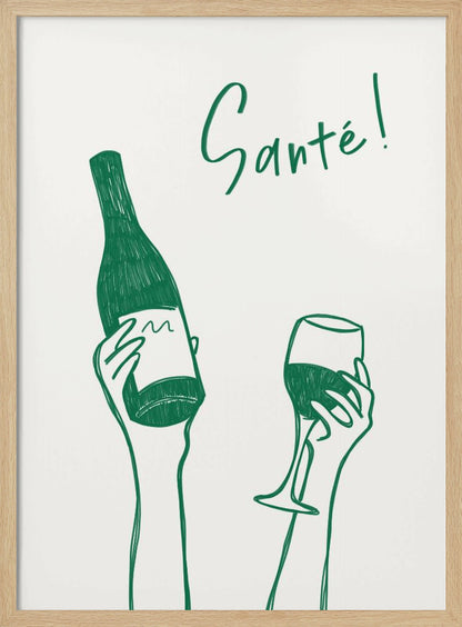 A minimalist green line drawing on a white background featuring two hands. One hand holds a bottle of wine, and the other holds a glass of wine, as if in a toast. The French word 'Santé!' is written in cursive above the hands. Decor