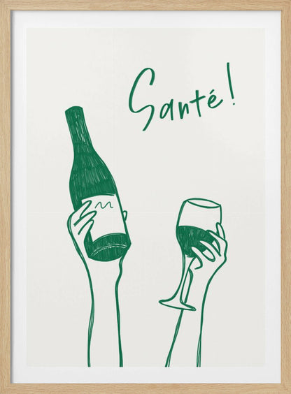 A minimalist green line drawing on a white background featuring two hands. One hand holds a bottle of wine, and the other holds a glass of wine, as if in a toast. The French word 'Santé!' is written in cursive above the hands. Decor