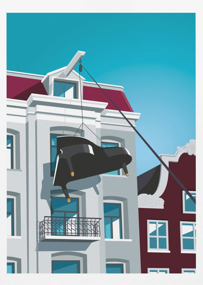 A graphic illustration of a black grand piano being hoisted up the side of a gray Amsterdam-style building with a red roof, using a pulley system attached to the gable. The scene is set against a clear, bright blue sky. Artwork